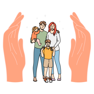 A graphic of family being supported by a pair of open hands.