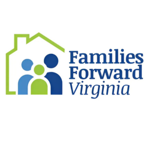 Logo of Families Forward Virginia featuring a stylized house with three abstract figures in green and blue colors.