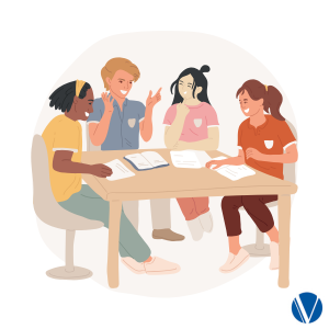 A graphic of four parents seated at a table. The Virginia Department of Social Services logo is visible.