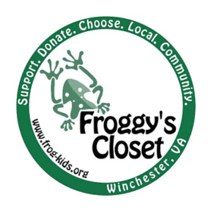 Logo of Froggy's Closet featuring a green frog jumping, with text 