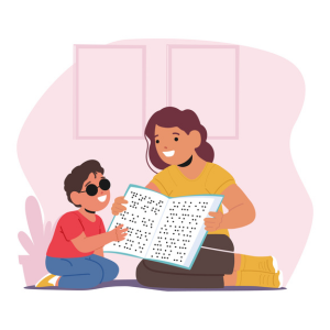 An illustration of a volunteer assisting a child with reading braille.