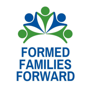 Logo of Formed Families Forward featuring a stylized design of three figures with outstretched arms creating a circle, in shades of blue and green, above the organization's name in blue capital letters.