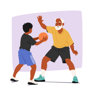 An illustration of an older man and young child bonding through basketball.