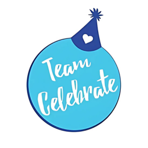 The logo for Team Celebrate, featuring a light blue circle wearing a dark blue party hat.
