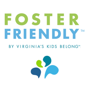 Logo for Foster Friendly by Virginia's Kids Belong with an abstract blue and green design.